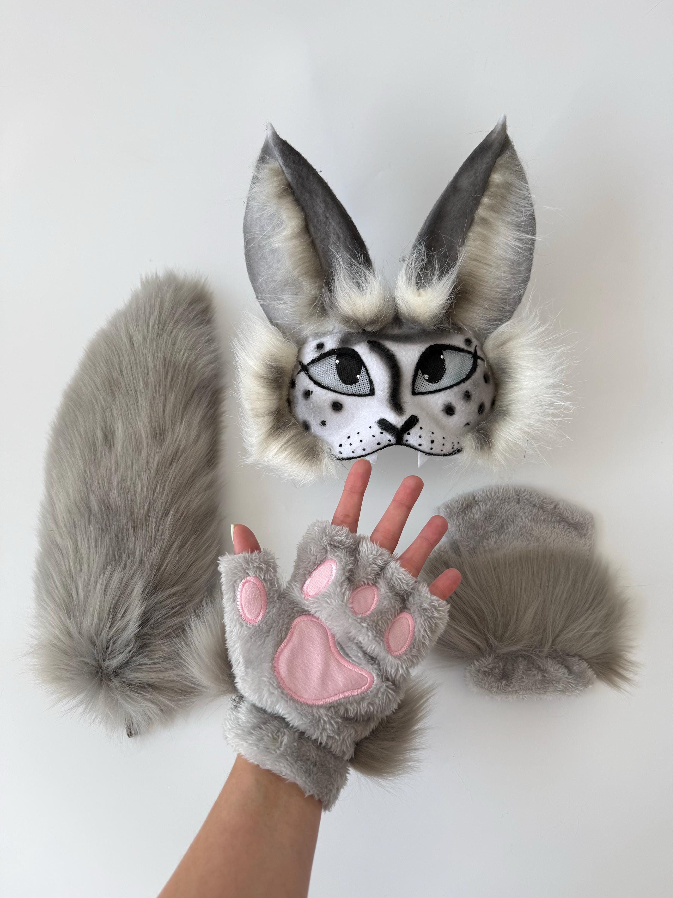 Snow Bengal Cat Mask and Fluffy Tail | Handmade White Gray Therian