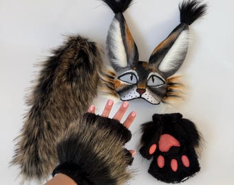 Therian Cat Mask | Gray, Brown & White Full Head Design | Handmade Faux Fur Cosplay | Perfect for Masquerades - Quad Running