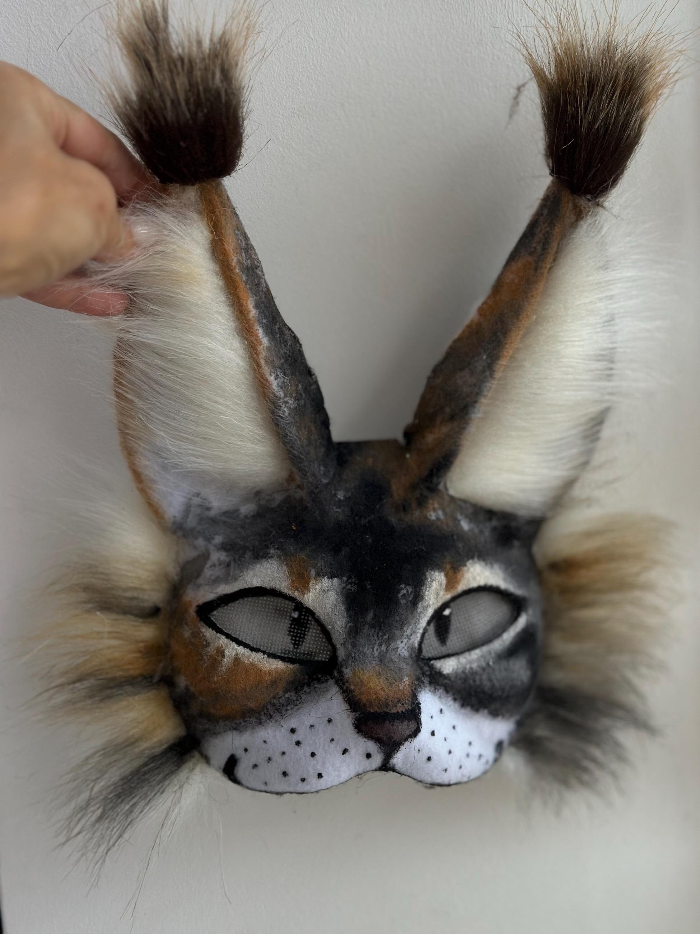 Therian Cat Mask Gray Brown White Full Head Design Handmade Faux 
