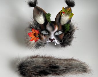 Forest Cat Mask With Teeth And Fluffy Tail | Handmade Therian Cosplay Set With Moss And Leaves | Halloween Costume | Daughter BDs Gift Idea