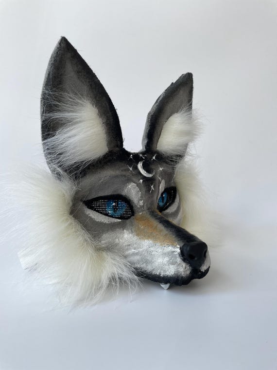 Lunar Wolf Cosplay Mask | High Quality Therian Wolf Mask | Gray Moon Stars Design | Universal Size | Therian Fan Gifts | Mask for Quadrobics