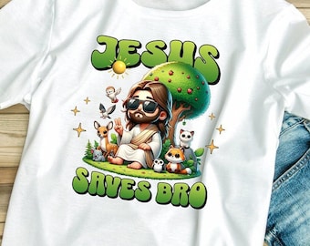 Jesus Saves Bro T-shirt: Christian Faith Tee, Animals with Jesus