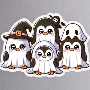 Trick or Treat autocollants pingouin fantôme, autocollants fantômes drôles d'Halloween, autocollant fantôme coquette pingouin, autocollant pingouin, autocollant fantôme