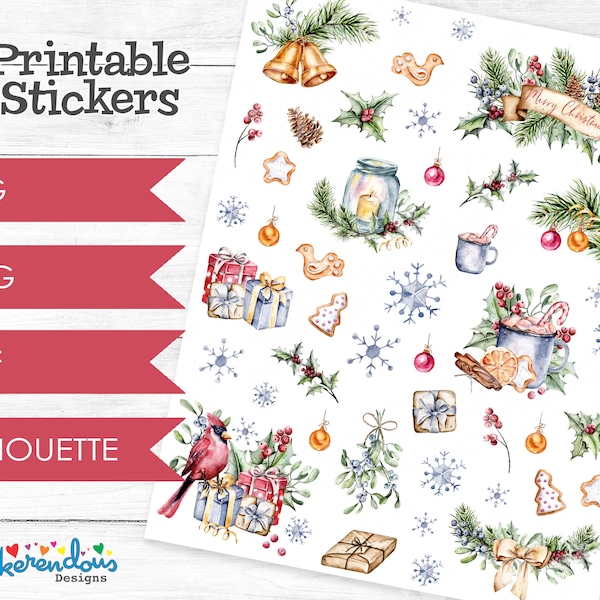 Christmas Elegance Deco Watercolor Printable Planner Decorative Stickers, Happy Planner, Erin Condren, Christmas Deco Printable Stickers