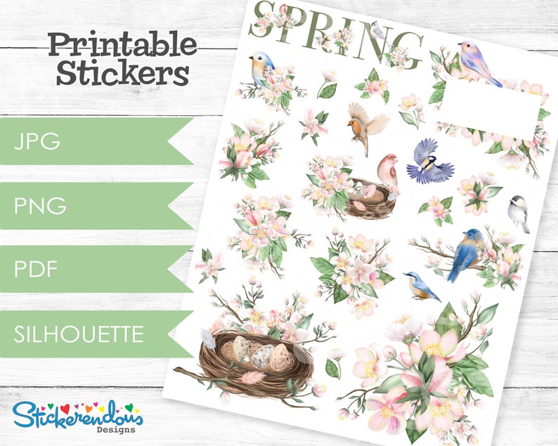Spring Blooms & Birds Watercolor Printable Planner Decorative Stickers ...
