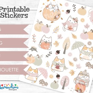 May include: Printable stickers featuring cute cats with pumpkins, leaves, and autumn-themed designs. The stickers say "Hello! Fall".
