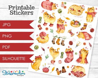 Knittin&#39; Kittens Knitting Cats Autumn / Fall Printable Planner Decorative Stickers, Happy Planner, Erin Condren, Deco Stickers