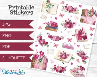 Vintage Books and Flowers Watercolor Printable Planner Decorative Stickers, Happy Planner, Erin Condren, Books & Flowers, Deco Stickers