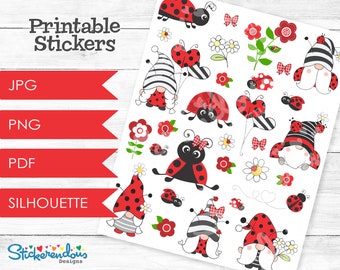 Ladybug Gnomes Printable Planner Decorative Stickers, Happy Planner, Erin Condren, Spring and Summer Floral Gnomies, Deco Stickers