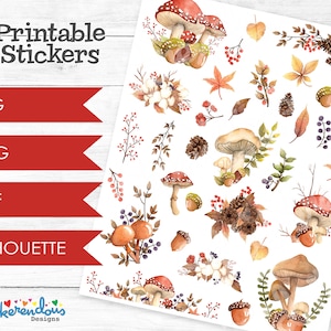 Puede incluir: Pegatinas imprimibles con ilustraciones de acuarela de setas, hojas, bayas y otros elementos otoñales. Las pegatinas están disponibles en formatos JPG, PNG y PDF.