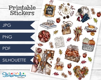Autumn / Fall Vibes Dark Skin Printable Planner Decorative Stickers, Happy Planner, Erin Condren, Fall Deco Stickers