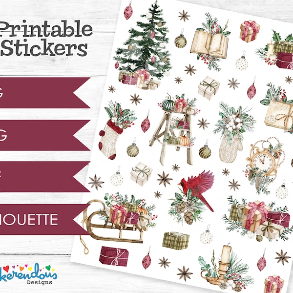 Classic Christmas Watercolor Printable Planner Decorative Stickers, Happy Planner, Erin Condren, Christmas Deco Printable Stickers