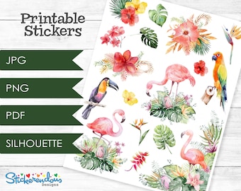 Adesivi decorativi per pianificatore stampabile ad acquerello con fenicotteri del paradiso tropicale, pianificatore felice, Erin Condren, adesivi decorativi