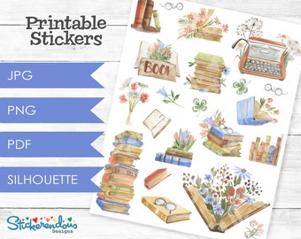 Book Lovers Floral Watercolor Printable Planner Decorative Stickers, Happy Planner, Erin Condren, Books & Flowers, Deco Stickers