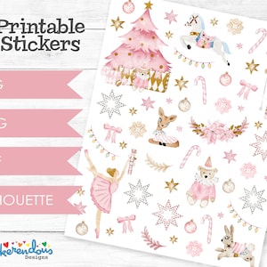 Puede incluir: Pegatinas de Navidad imprimibles con un esquema de color rosa y dorado. Las pegatinas incluyen una bailarina, un cascanueces, un caballo de balancín, un ciervo, un oso de peluche, un conejito, un bastón de caramelo, un árbol de Navidad y estrellas.