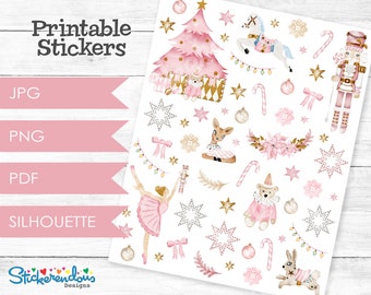 Peut inclure: Autocollants de Noël imprimables dans un thème rose et or. Les autocollants comprennent une ballerine, un casse-noisette, un cheval à bascule, un cerf, un ours en peluche, un lapin, une canne en sucre, un sapin de Noël et des étoiles.