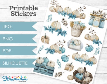 May include: Printable stickers featuring watercolor illustrations of pumpkins, gourds, cotton bolls, and blue floral elements. The stickers are perfect for fall crafts and decorating. The text "Printable Stickers" is at the top of the image. The text "JPG, PNG, PDF, SILHOUETTE" is on the left side of the image. The text "Stickerendous Designs" is at the bottom of the image.