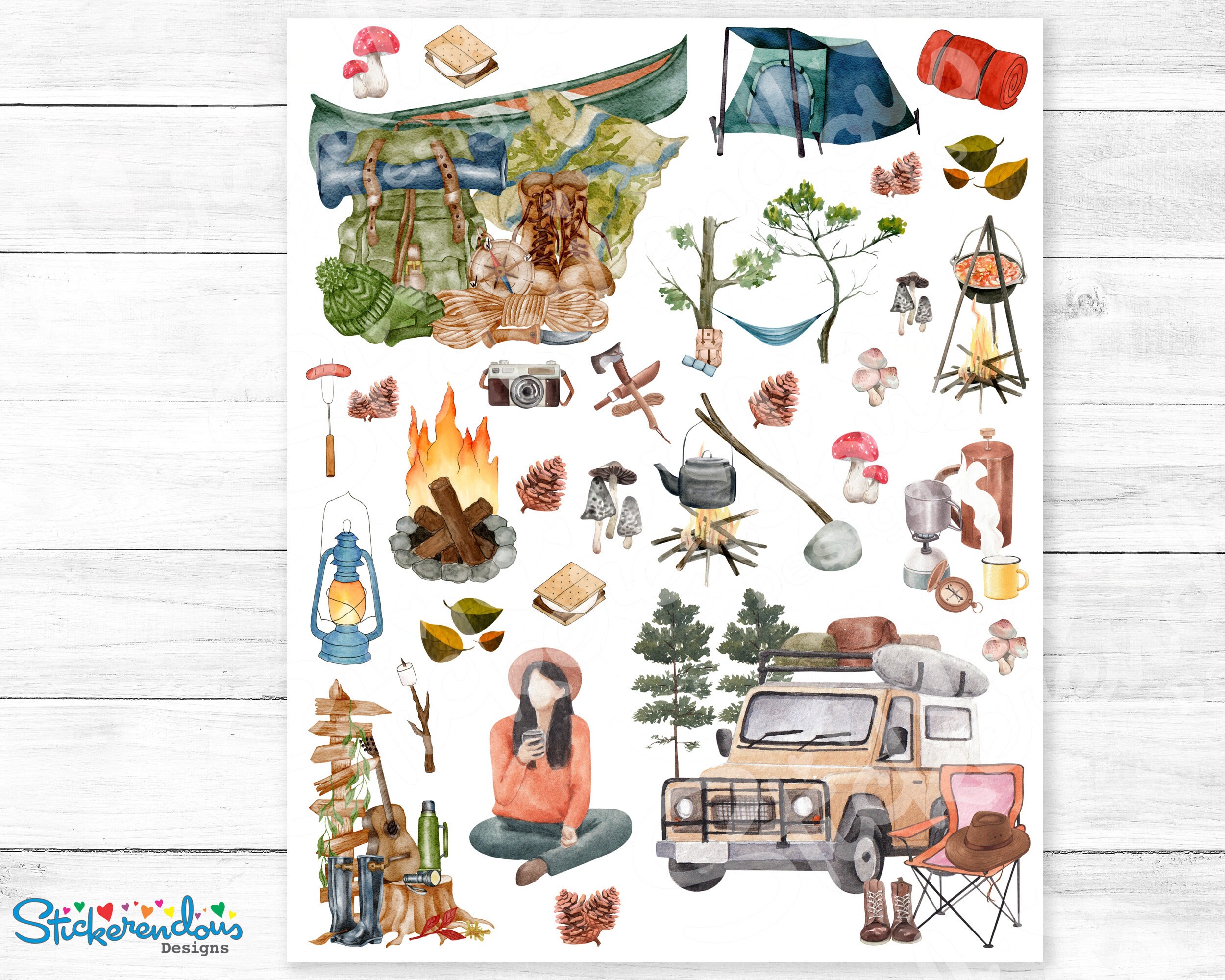 Camping Watercolor Printable Planner Decorative Stickers, Happy Planner ...