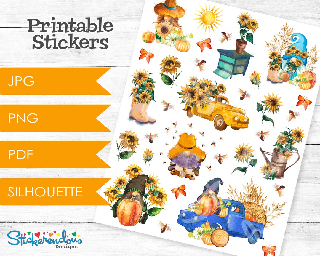 Autumn / Fall Sunflower Gnomes Printable Planner Decorative Stickers ...