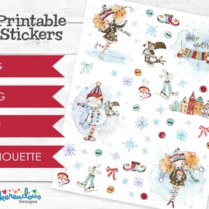 May include: Printable stickers featuring winter-themed illustrations. The stickers include a snowman, a girl ice skating, a dachshund with the text "Hello winter!" and a group of houses. The stickers are on a white background with snowflakes and other decorative elements.