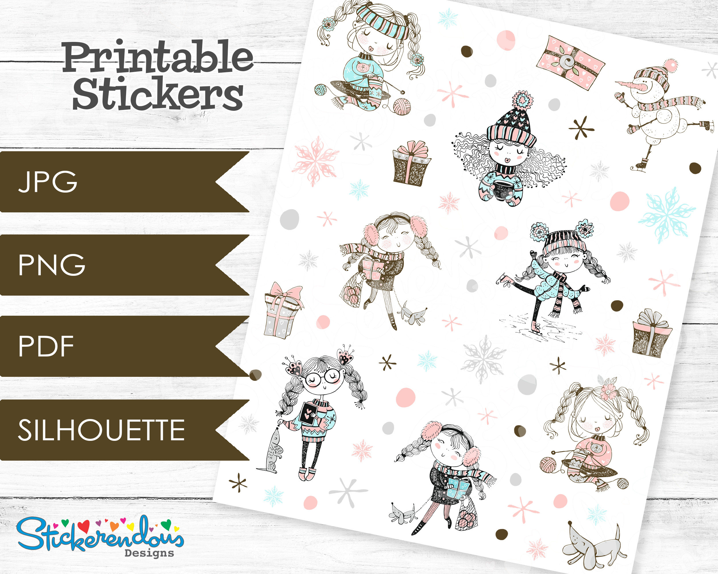 Winter Girls Printable Planner Decorative Stickers, Happy Planner, Erin Condren, Winter Deco Stickers