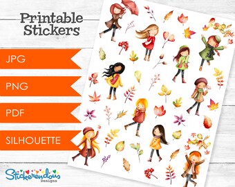 Autumn Girls Printable Watercolor Planner Decorative Stickers, Happy Planner, Erin Condren, Fall Deco Stickers