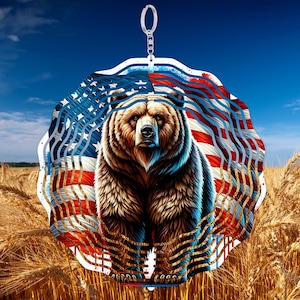Patrischer Bär Wind Spinner PNG - Amerikanische Flagge Wildtier Design - 4. Juli Sublimationskunst - Rustikales Outdoor Cabin Decor - Grizzly USA