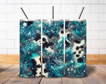 Teal Cow Glitter 20 oz Tumbler Wrap PNG – Western Sublimation Design with Sparkle and Feathers