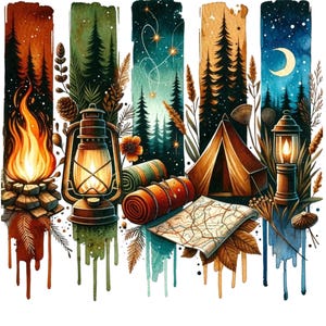 May include: A watercolor illustration of a camping scene with a campfire, lantern, tent, sleeping bag, and map. The scene is set against a backdrop of a forest with a starry night sky.