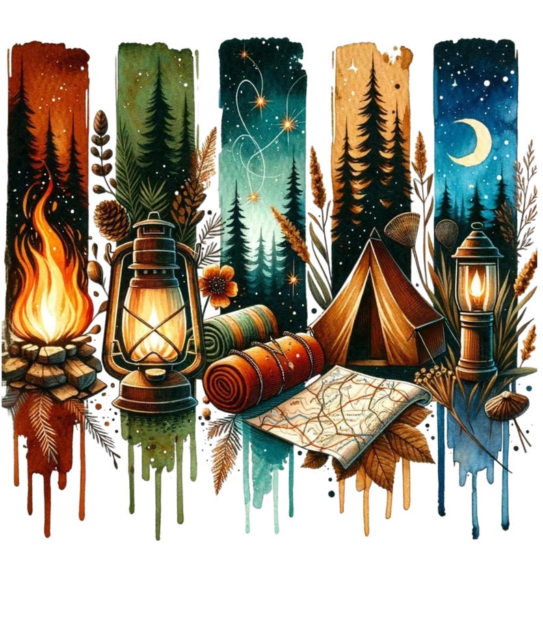 May include: A watercolor illustration of a camping scene with a campfire, lantern, tent, sleeping bag, and map. The scene is set against a backdrop of a forest with a starry night sky.