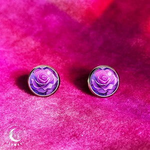 Purple Rose Stud Earrings: 10mm Floral Cabochon, Hypoallergenic