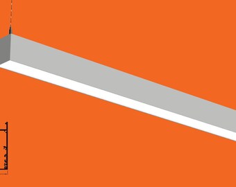 May include: A white rectangular pendant light fixture with a 3 inch by 12 inch profile. The light is suspended from the ceiling by a thin wire.
