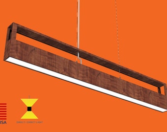 May include: A long, rectangular pendant light fixture with a wood frame and a white LED light strip. The fixture is suspended from the ceiling by two wires.