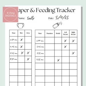 Op de afbeelding: Een zwart-wit afdrukbare luier- en voedingsvolger met de tekst "Diaper & Feeding Tracker". De tracker bevat secties voor tijd, nat, vies, duur, fles, linkerborst en rechterborst. De naam "Sally" en de datum "5/1/25" zijn ook opgenomen.