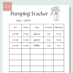 Op de afbeelding: Een afdrukbare kolf-tracker met de titel "Pumping Tracker" en de datum "5/25/25". De tracker bevat kolommen voor tijd, duur, pomp, linker output en rechter output. De eerste drie vermeldingen zijn ingevuld met tijden, duur, pompn namen en output metingen in ounces.