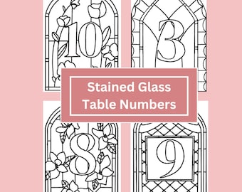 Numeri da tavolo in vetro colorato – Cartelli per eventi da 1 a 26 in 4 stili unici / Decorazioni per matrimoni stampabili / PDF ispirato a Boho, Gotico e Chiesa