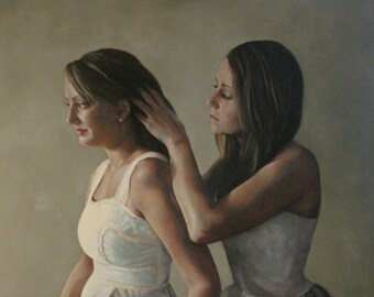 SALE Sisters original portrait figure women classic oil painting by Kim Dow