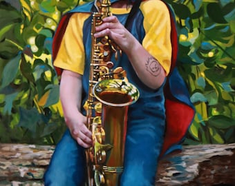 Charlie Steals the Show - 29x14" original oil figurative child figure painting by Kimberly Dow