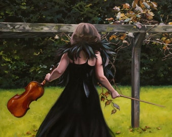 Original Oil Painting - Woman with Violin, Figurative Narrative Art (20x19)