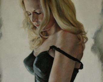 12x24inch Print of oil painting female narrative figurative 'Demure' by Kim Dow