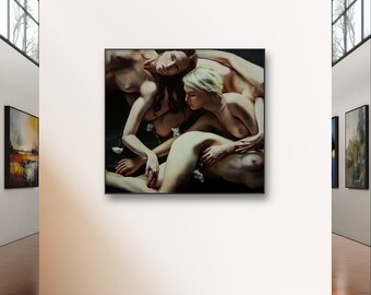 27x30 inch oil painting narrative figurative female nude portrait classical 'Beguiled' by Kim Dow