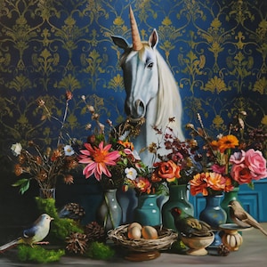 May include: A painting featuring a white unicorn head centered above several vases filled with colorful flowers, including pink, orange, and red blooms. A bird sits on moss, and another bird rests near a nest with three eggs.