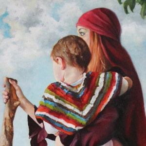 16x24 inch Print of oil painting narrative female portrait figurative mother child 'Gypsy Mom' by Kim Dow image 1