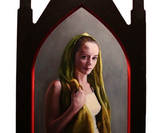 Girl with Green Scarf - Original Oil Portrait on Birch by Kimberly Dow (20x11.25")