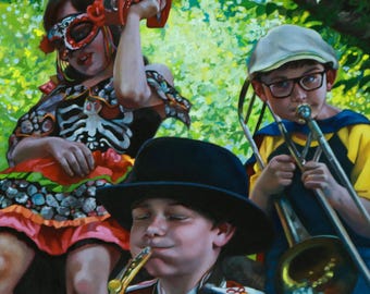 Jam Session - 20x18.5" original oil figurative child figure painting by Kimberly Dow