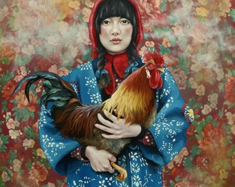 20x20 Print of oil painting narrative figurative portrait female 'Birds Of A Feather'