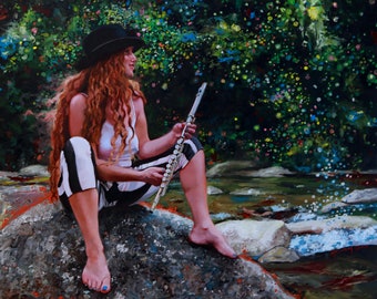 Piper On The Rocks - original oil portrait narrative figurative classical figure painting by Kimberly Dow