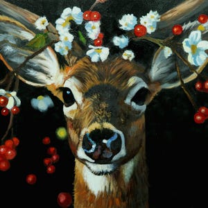May include: A close-up painting of a deer's face, adorned with a floral crown of white blossoms and red berries. The deer has brown fur, large dark eyes, and a black background.