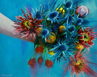 Sweet Intentions original oil portrait 18x22" narrative figurative floral painting by Kimberly Dow