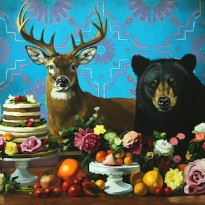 May include: A painting featuring a brown deer and a black bear positioned behind a table laden with a tiered cake on a white stand, a floral arrangement, assorted fruits, and flowers against a bright blue patterned background.